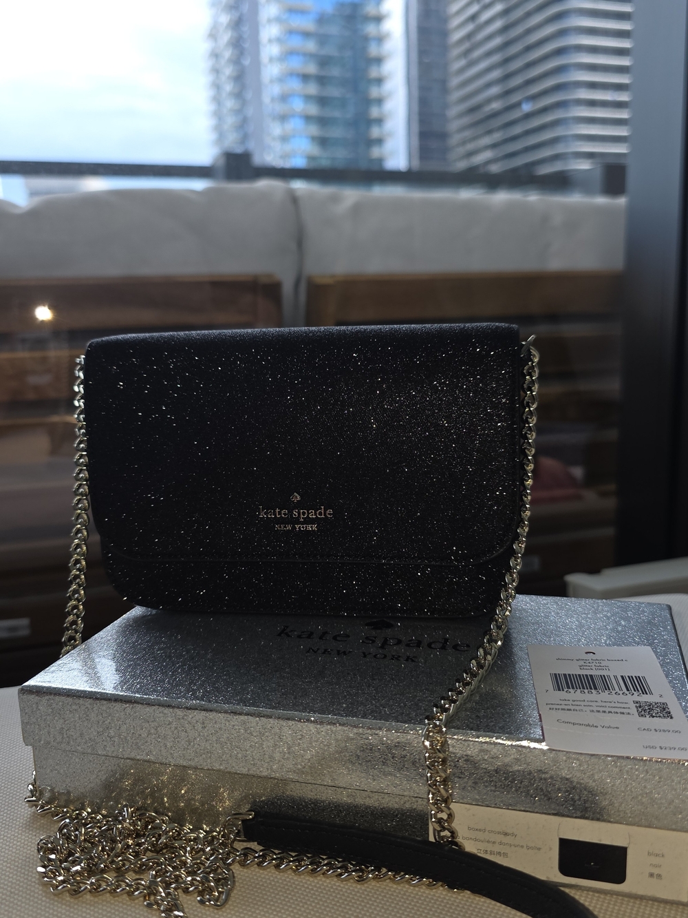 NWT Kate Spade New York Black Glitter Convertible Flap Crossbody Bag Purse